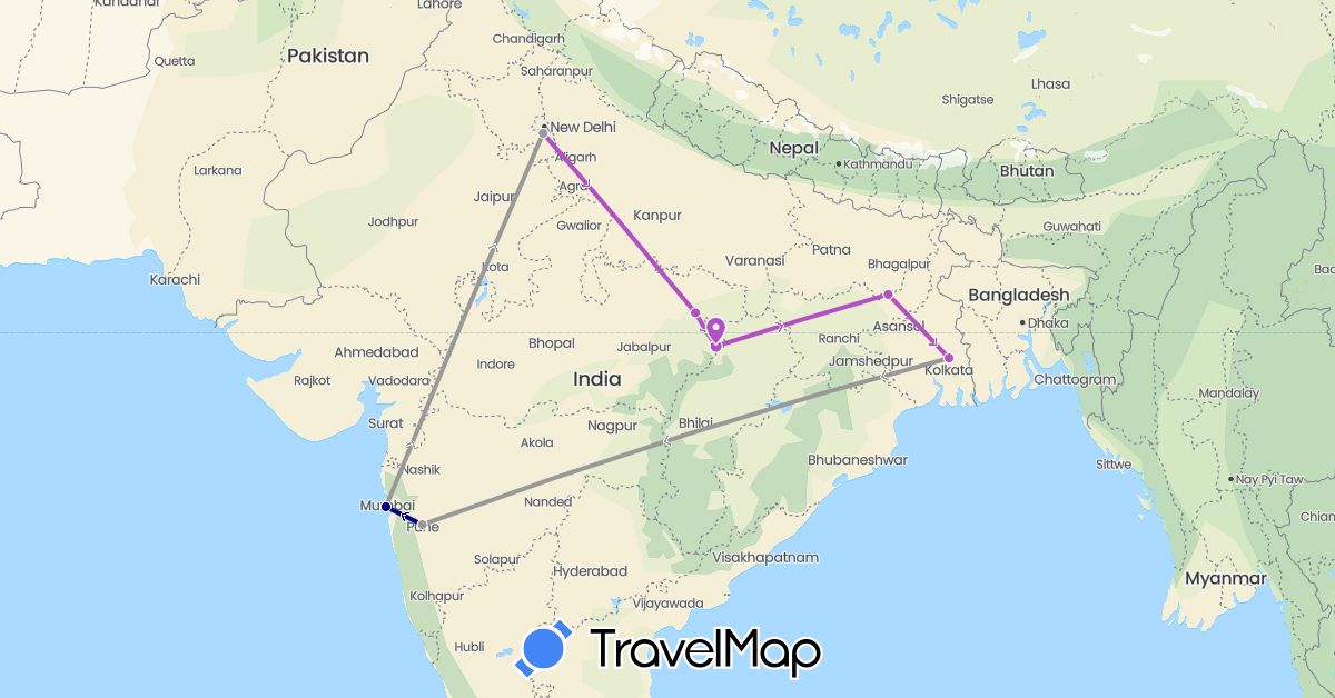 TravelMap itinerary: driving, plane, train in India (Asia)